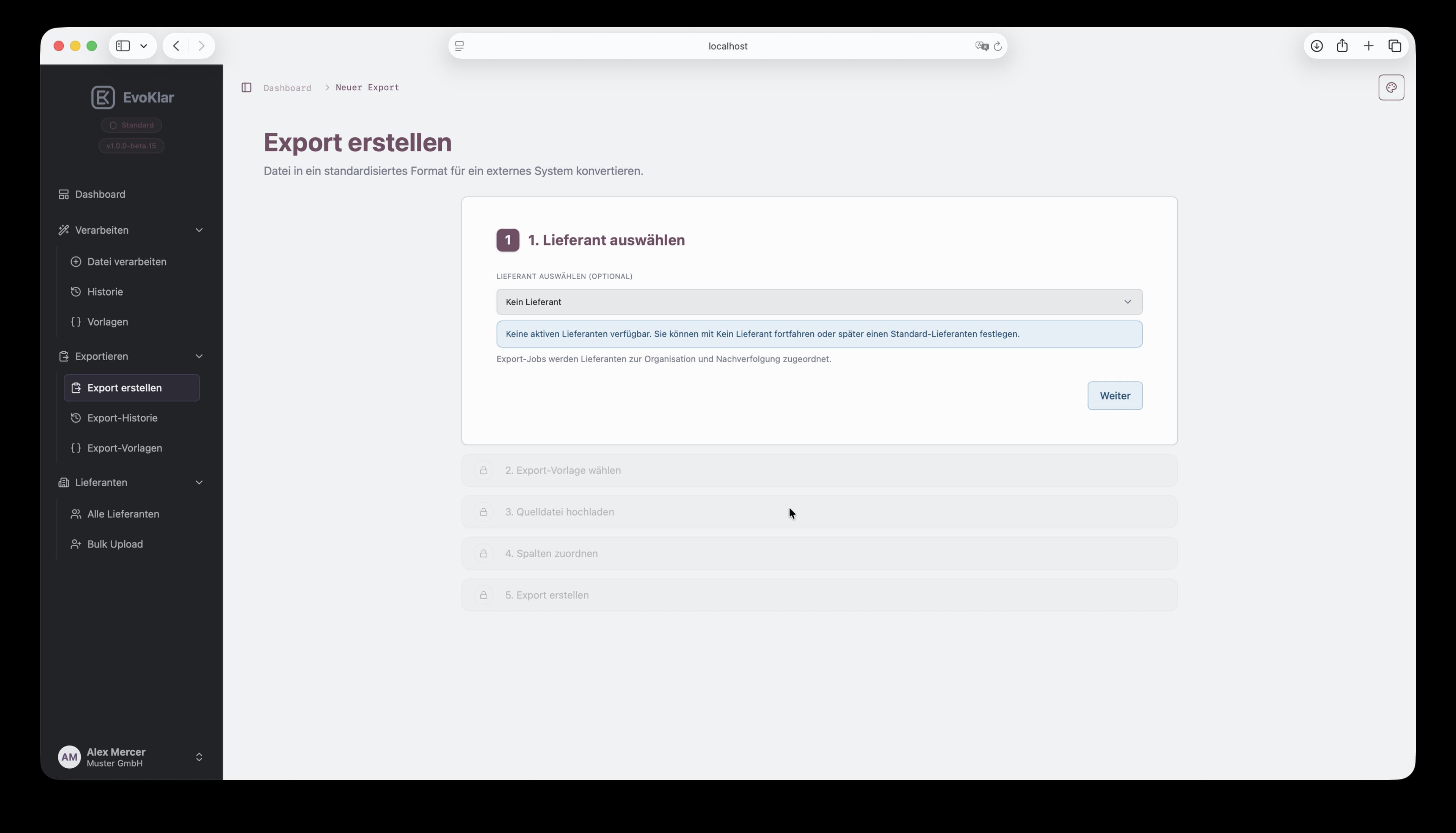 Export-Wizard Schritt 1 in EvoKlar: Lieferant auswählen.