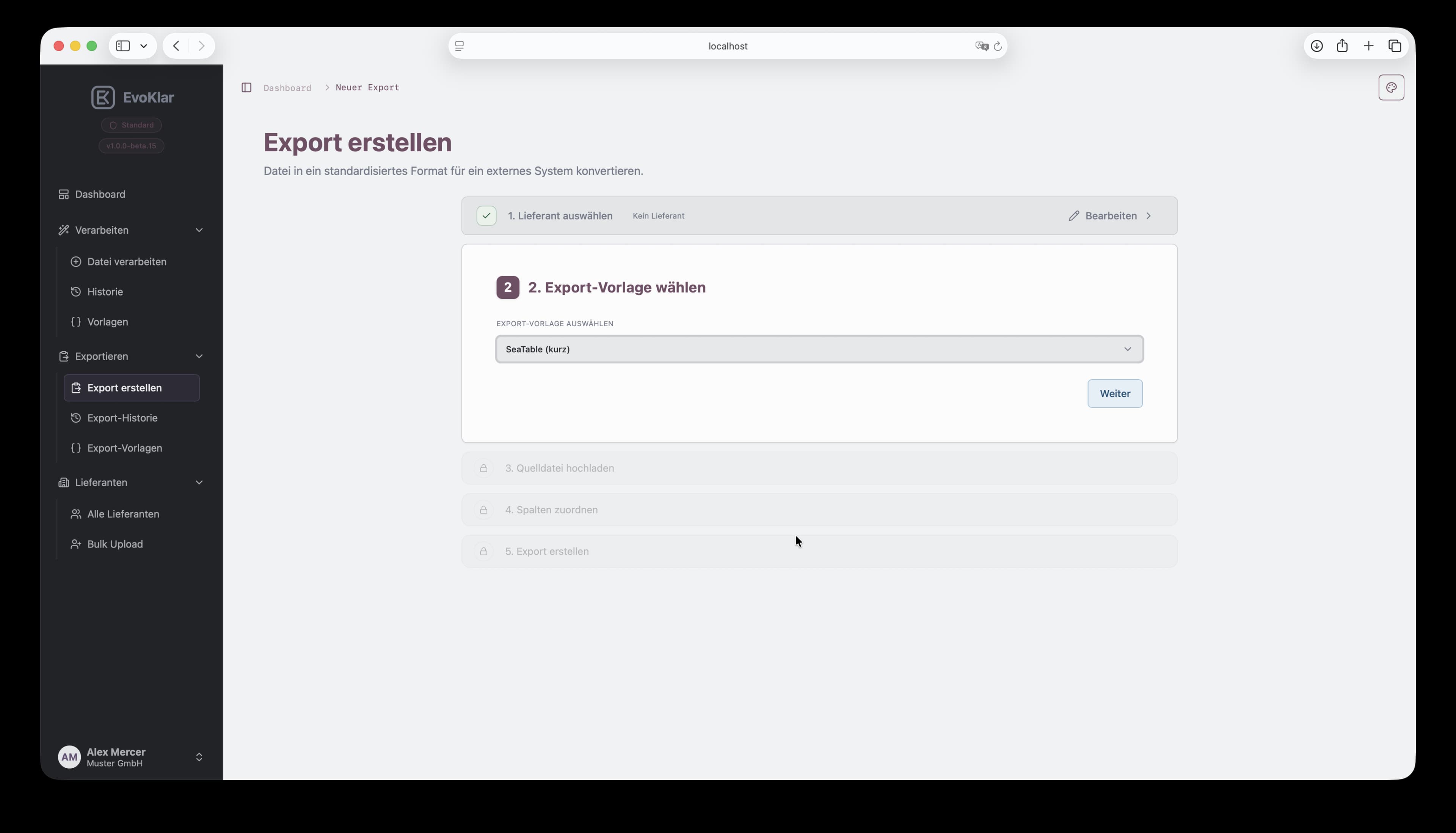 Export-Wizard Schritt 2 in EvoKlar: Export-Vorlage auswählen.