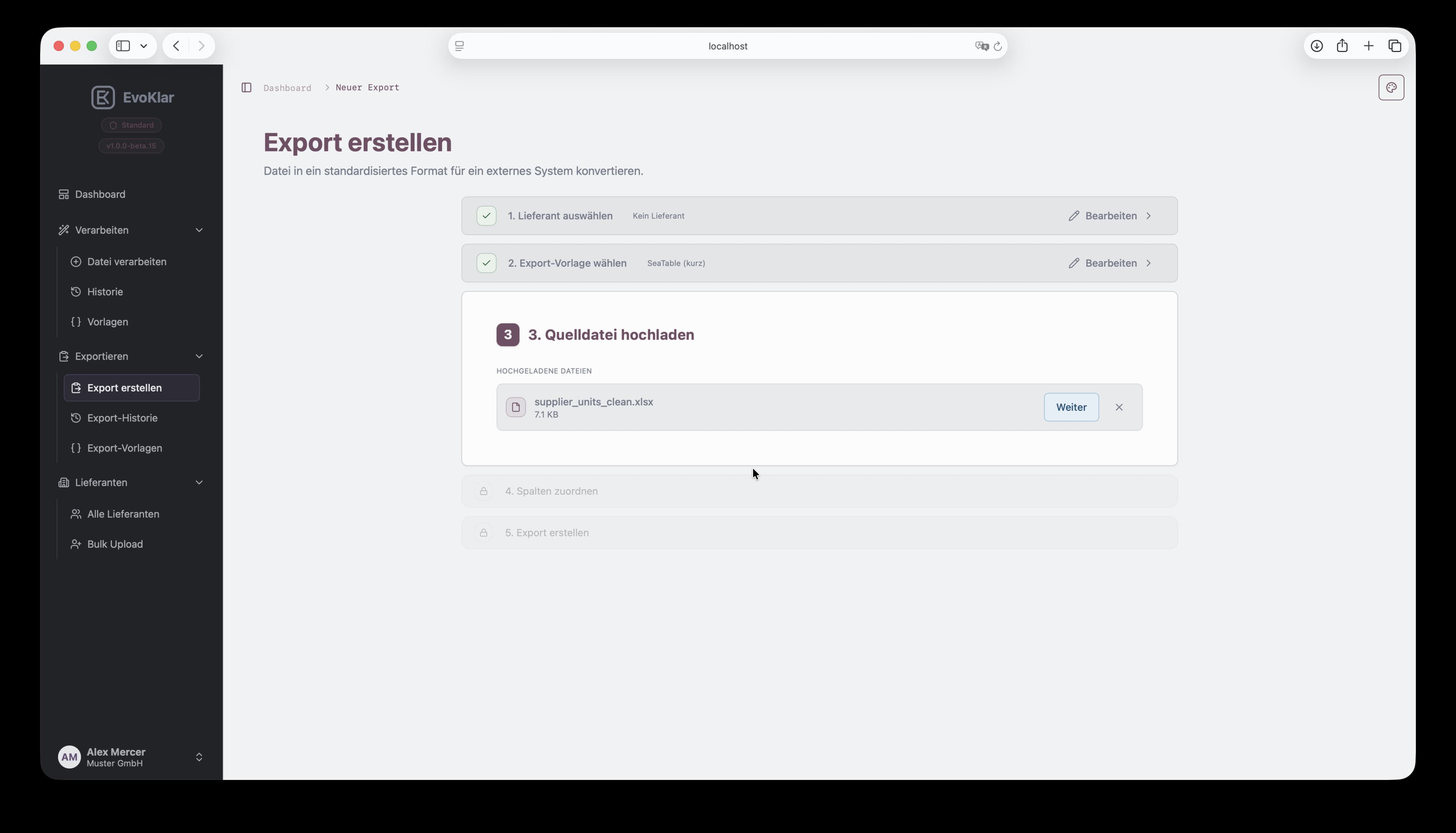 Export-Wizard Schritt 3 in EvoKlar: Quelldatei hochladen.