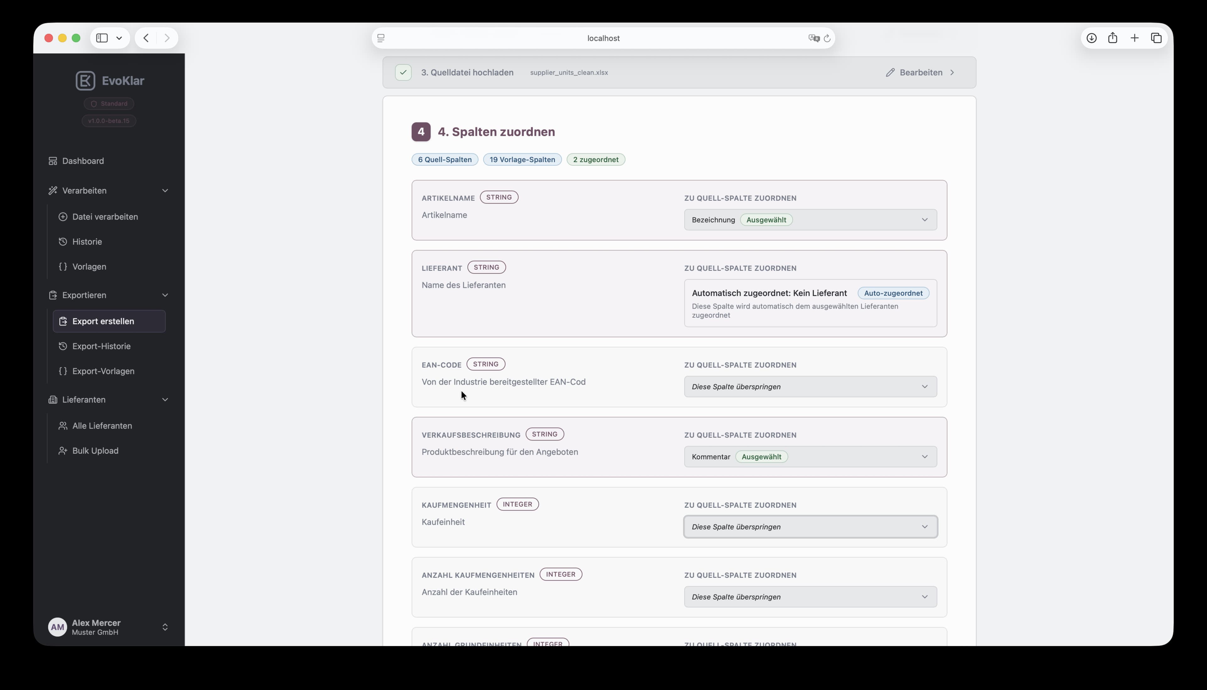 Export-Wizard Schritt 4 in EvoKlar: Quellspalten dem Zielschema zuordnen.
