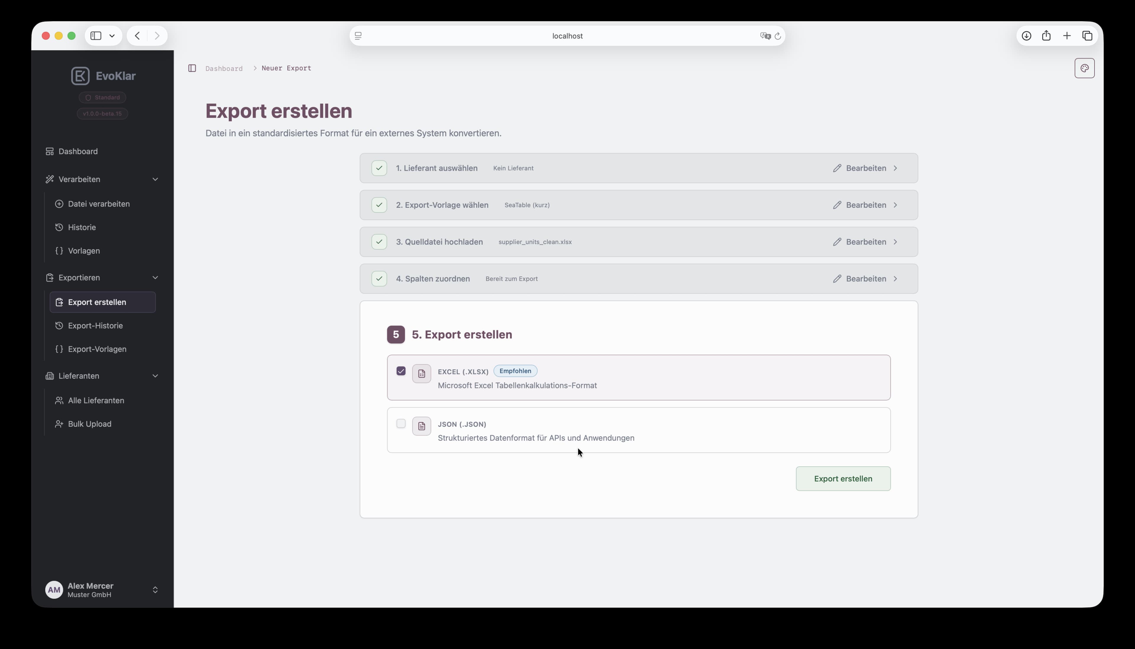 Export-Wizard Schritt 5 in EvoKlar: Format wählen und Exportdatei erstellen.