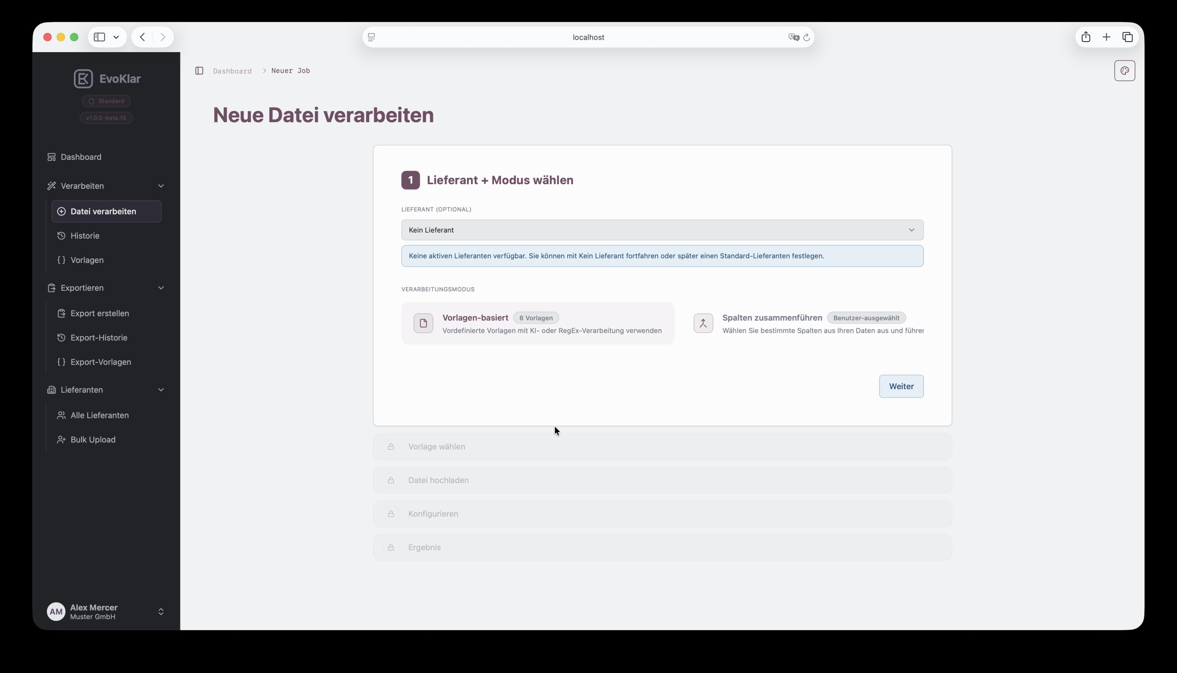 Verarbeitungs-Wizard Schritt 1 in EvoKlar: Lieferant und Modus auswählen.