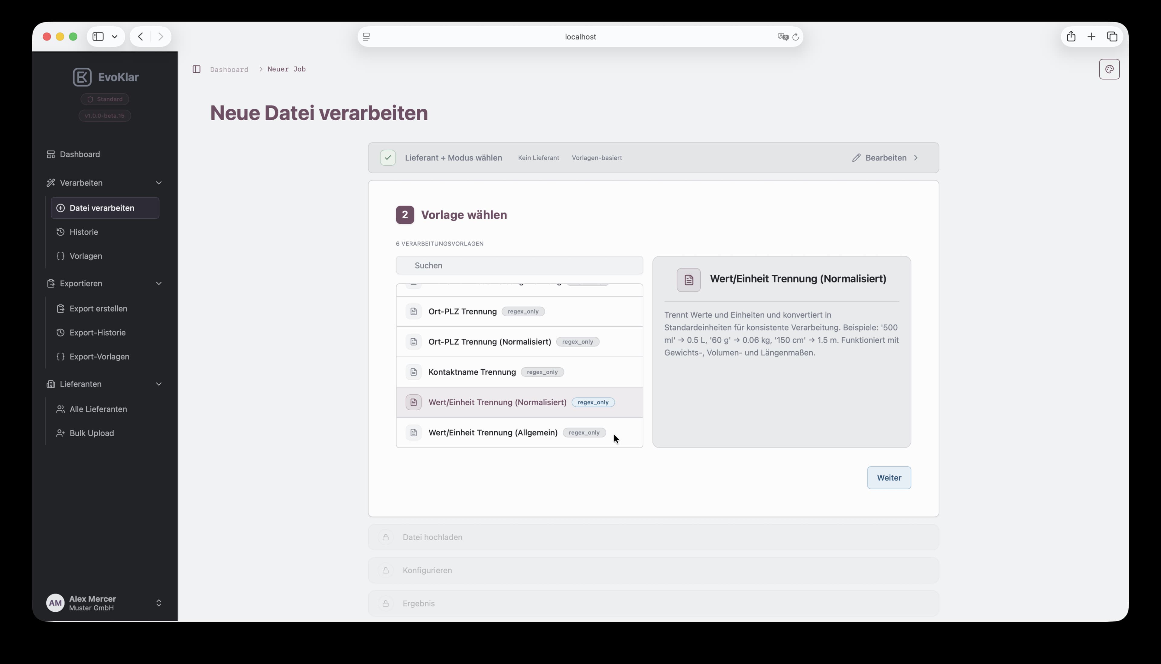 Verarbeitungs-Wizard Schritt 2 in EvoKlar: Verarbeitungsvorlage auswählen.