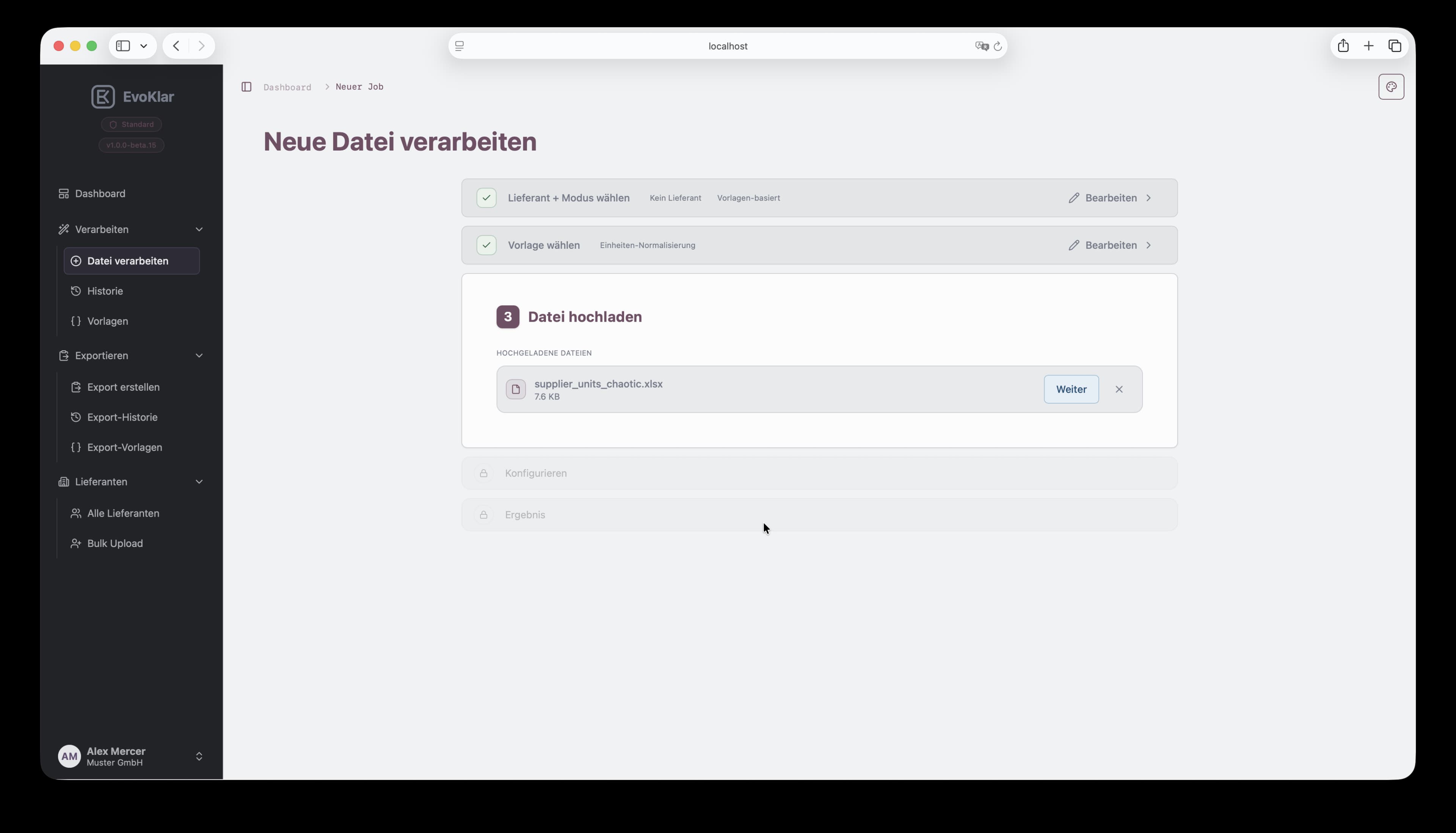 Verarbeitungs-Wizard Schritt 3 in EvoKlar: Quelldatei hochladen.