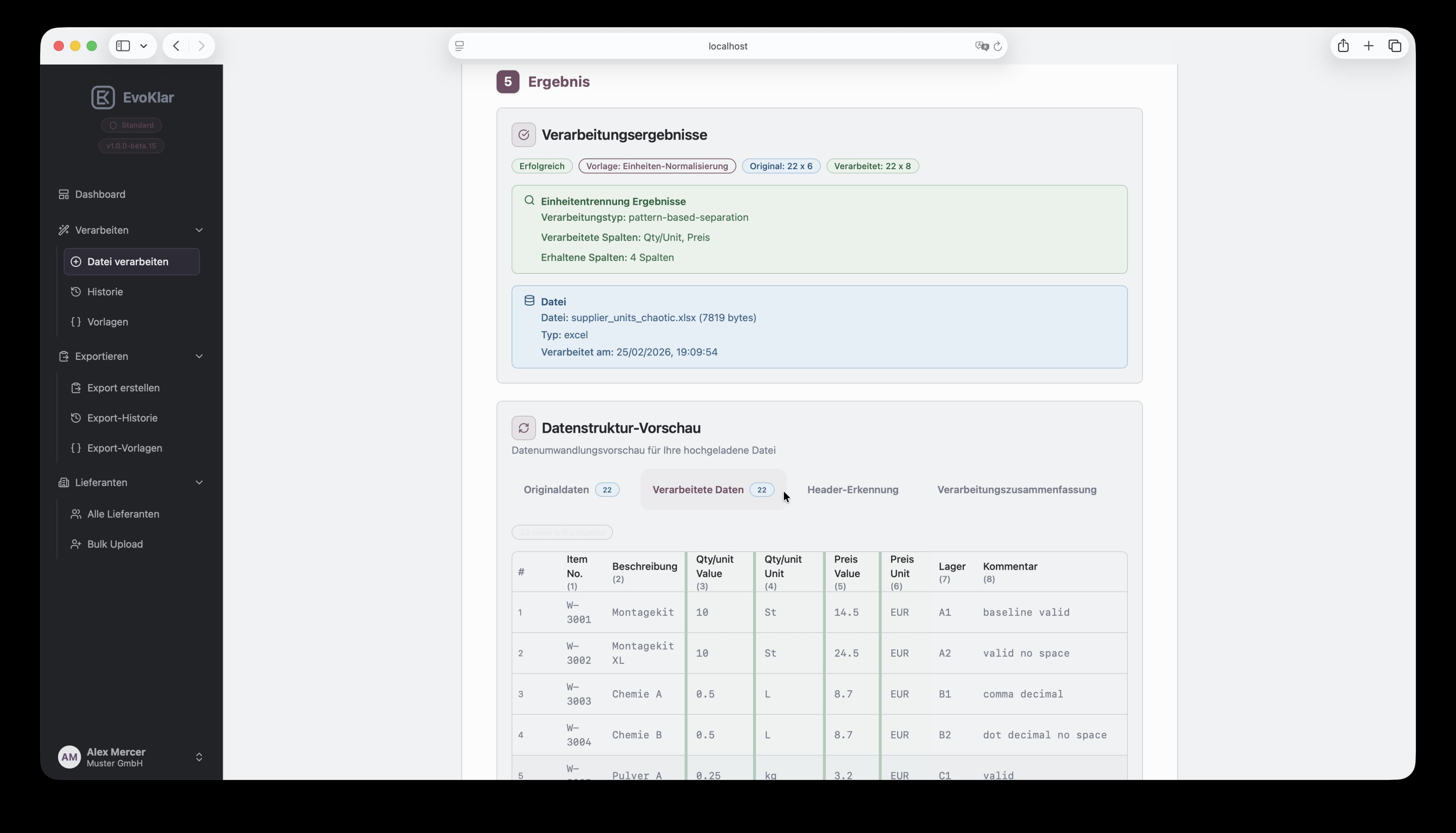 Verarbeitungs-Ergebnisansicht in EvoKlar mit Vorschau der transformierten Daten.