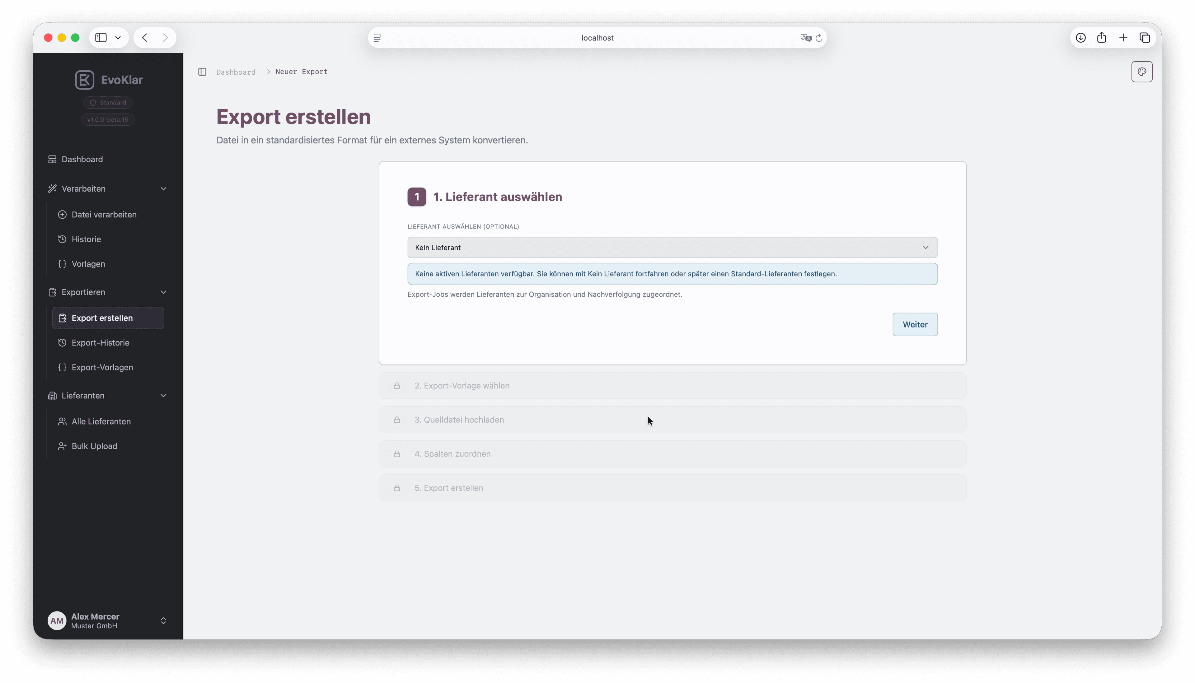 Export wizard step 1 in EvoKlar: select supplier.