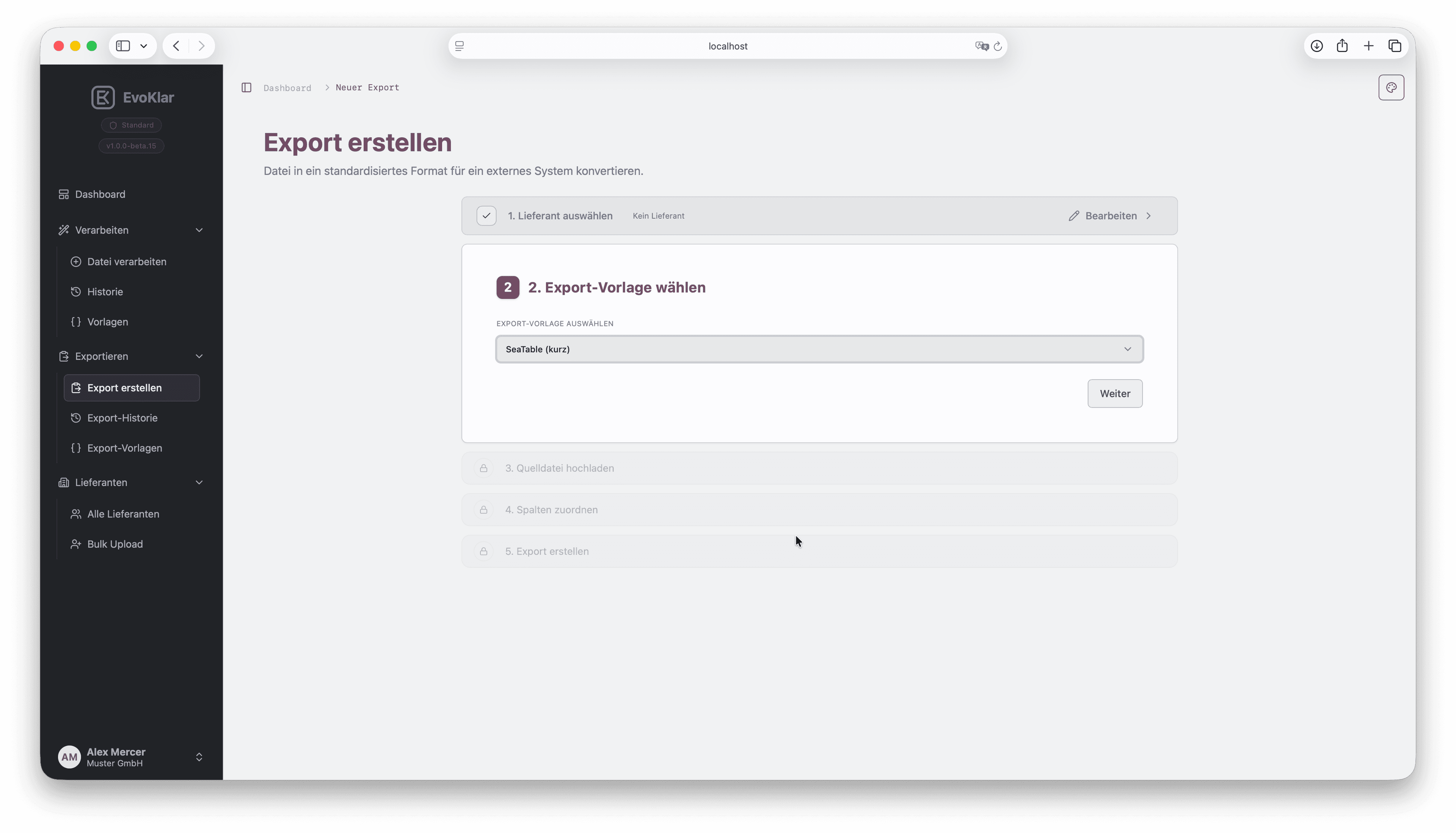 Export wizard step 2 in EvoKlar: choose export template.
