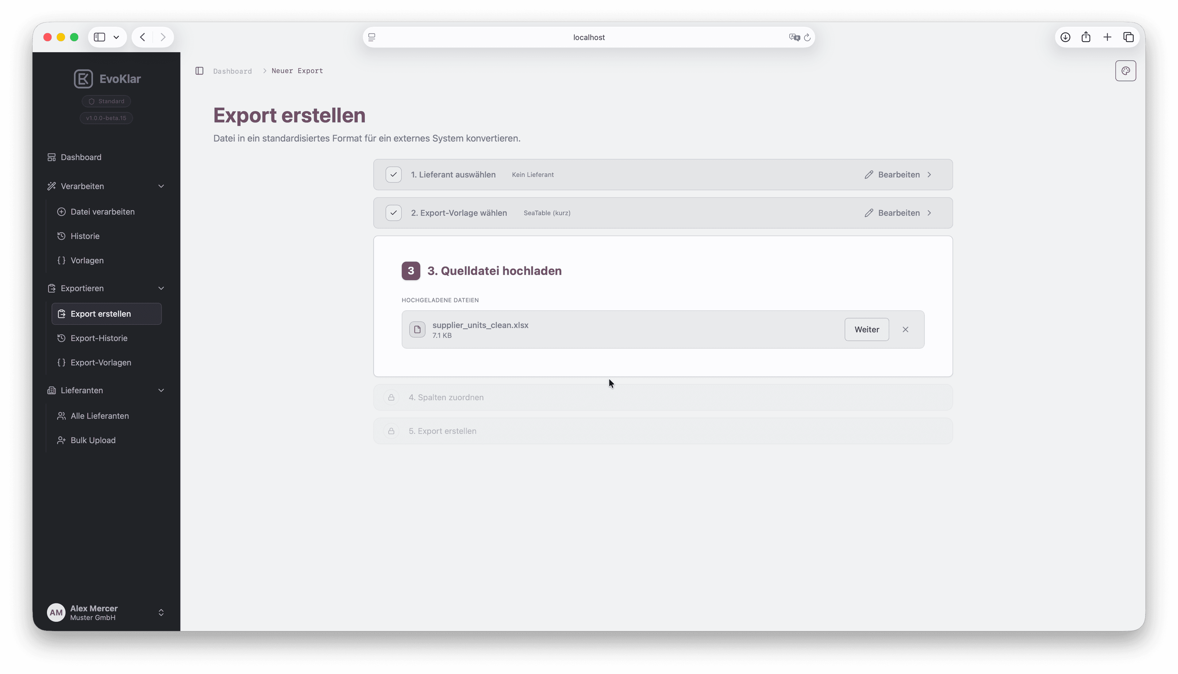 Export wizard step 3 in EvoKlar: upload source file.
