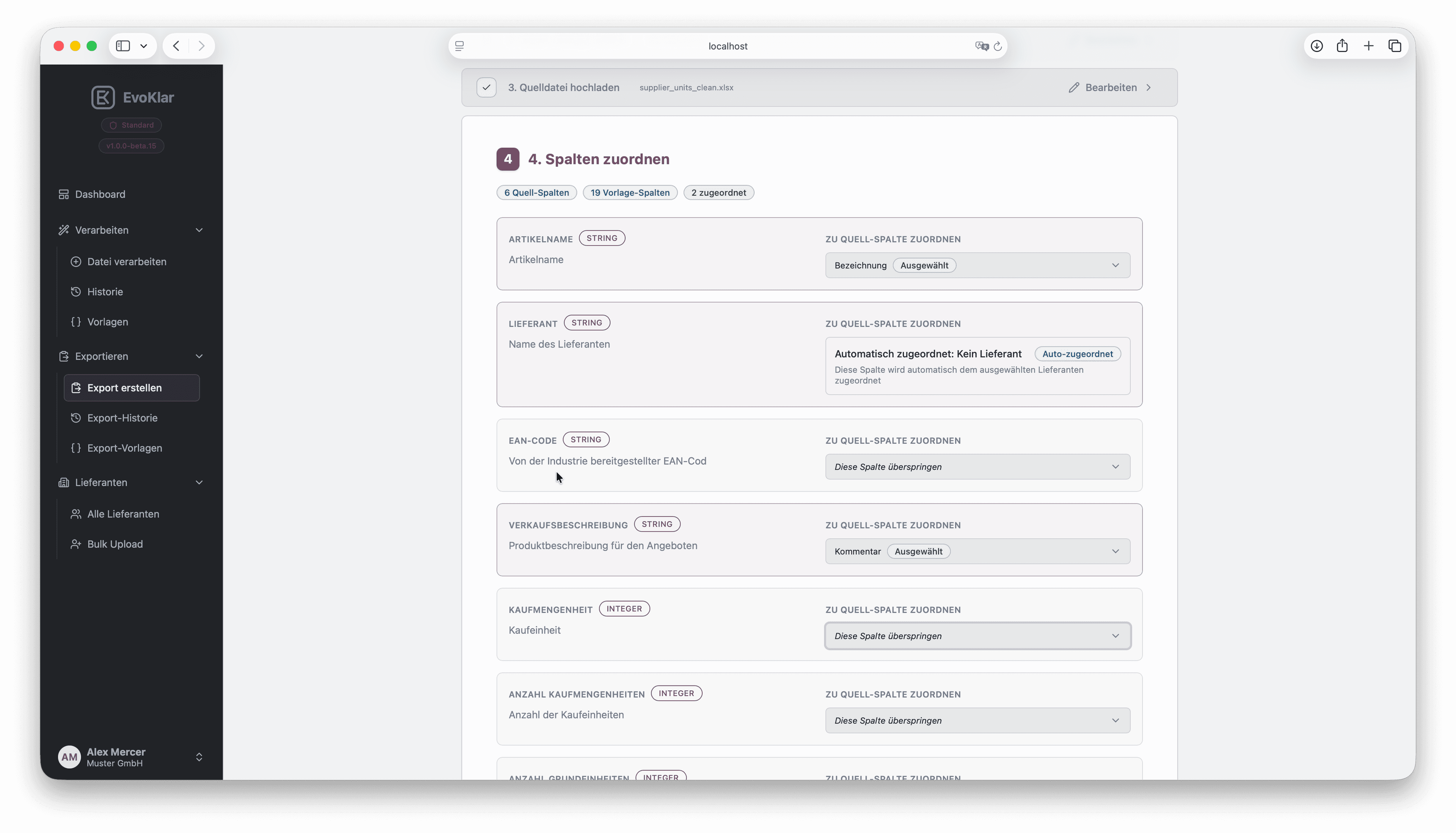 Export wizard step 4 in EvoKlar: map source columns to target schema.