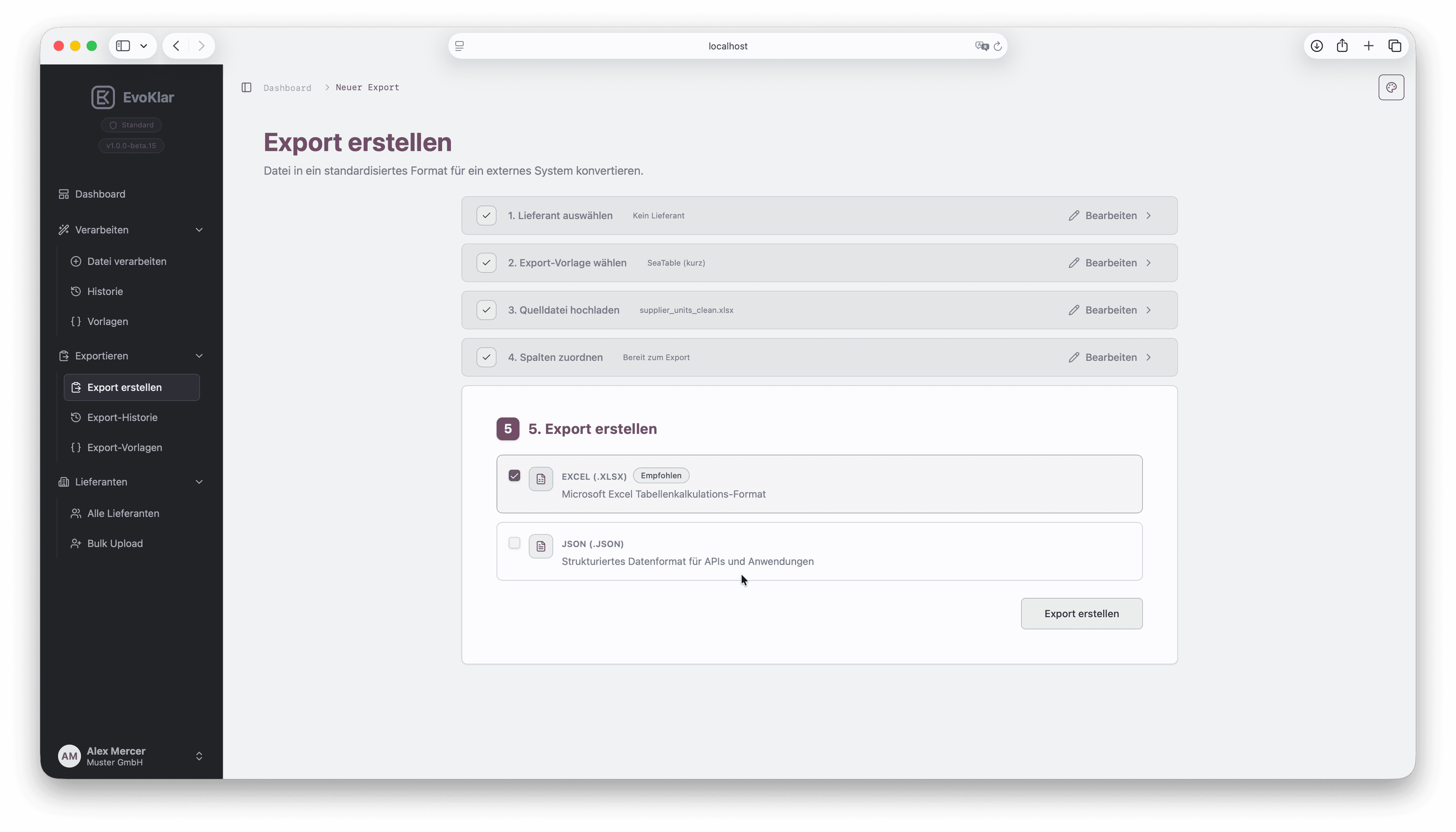 Export wizard step 5 in EvoKlar: choose format and create export file.