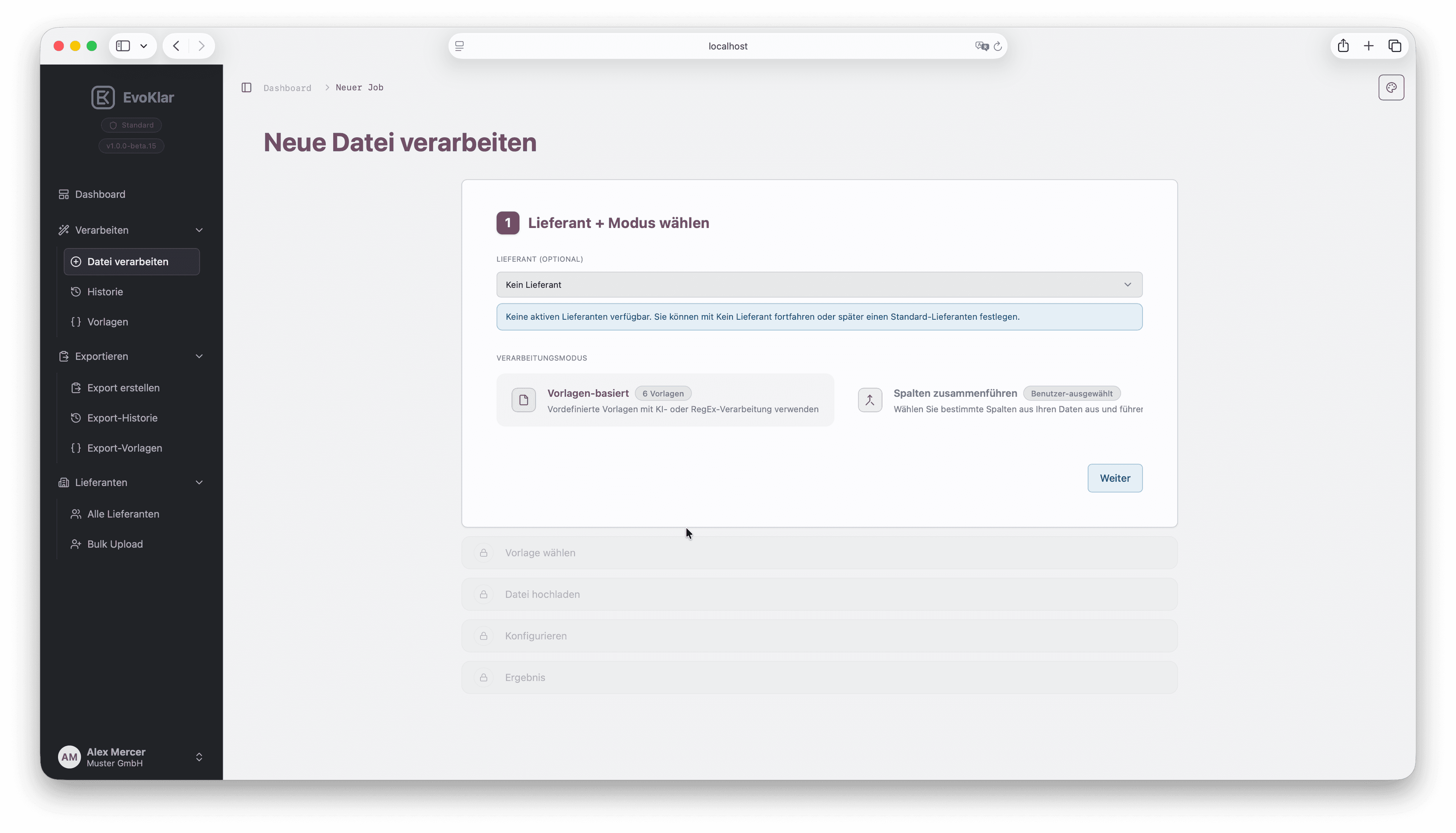 Processing wizard step 1 in EvoKlar: select supplier and processing mode.