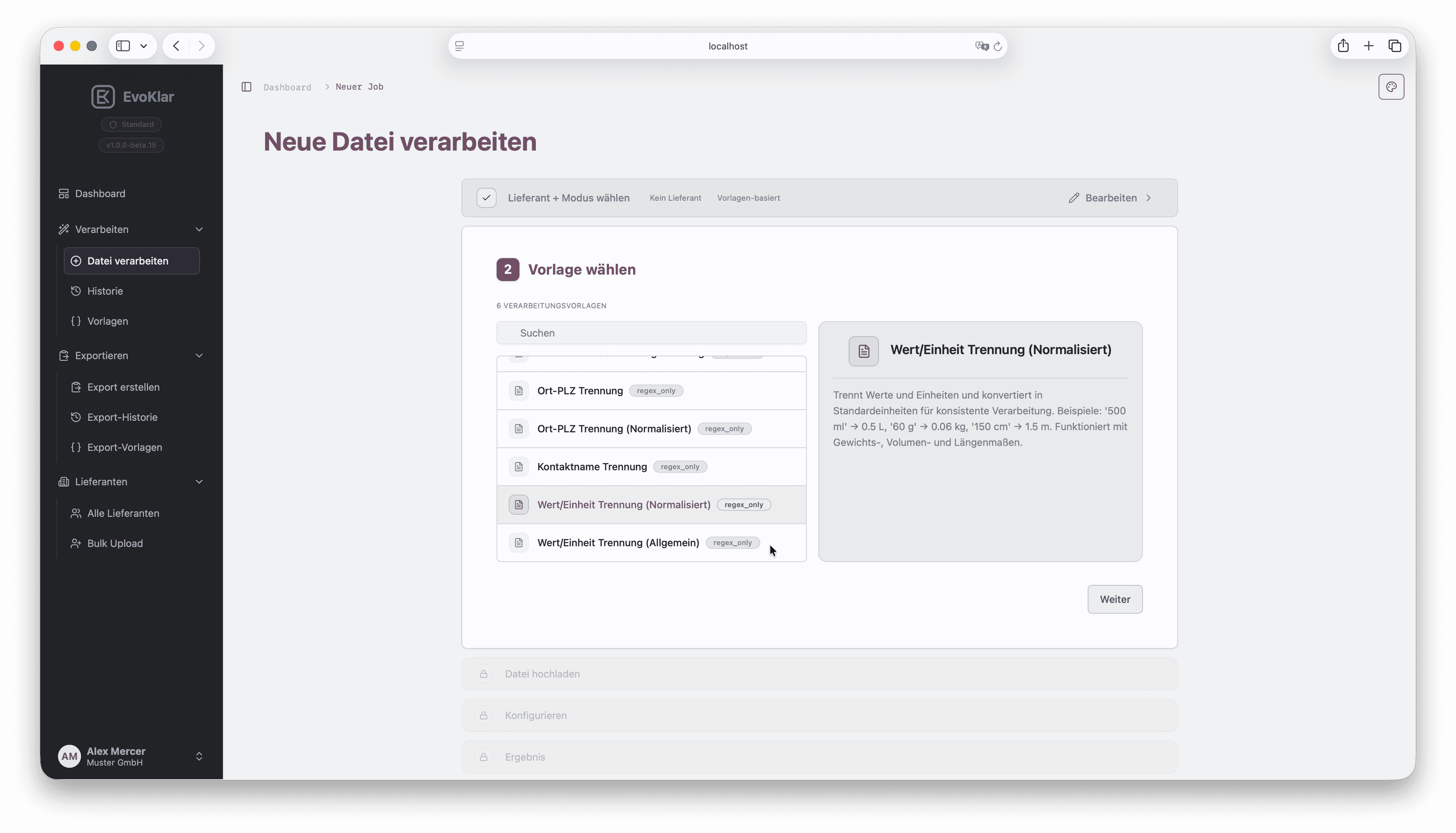 Processing wizard step 2 in EvoKlar: choose a processing template.