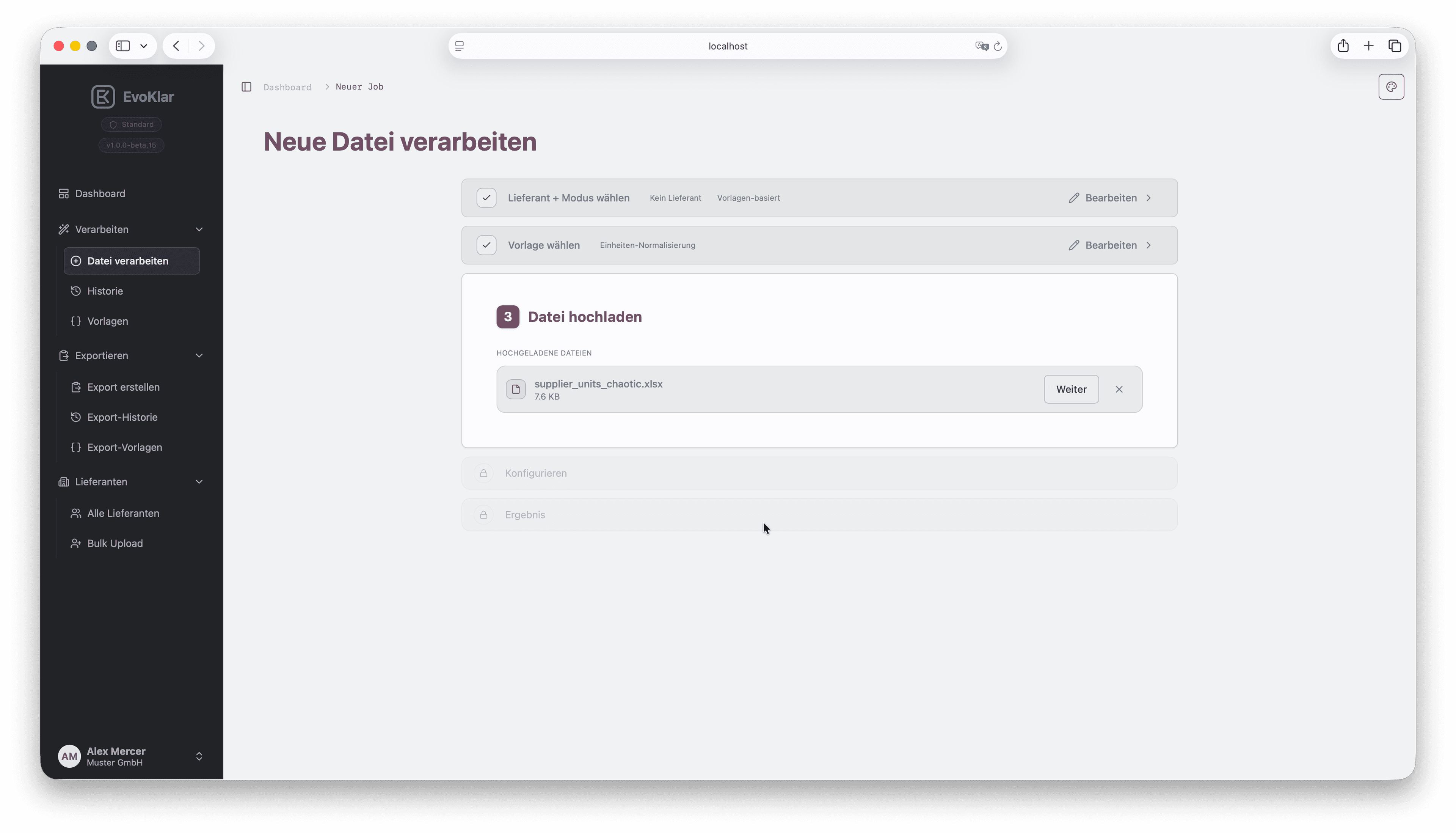 Processing wizard step 3 in EvoKlar: upload the source file.