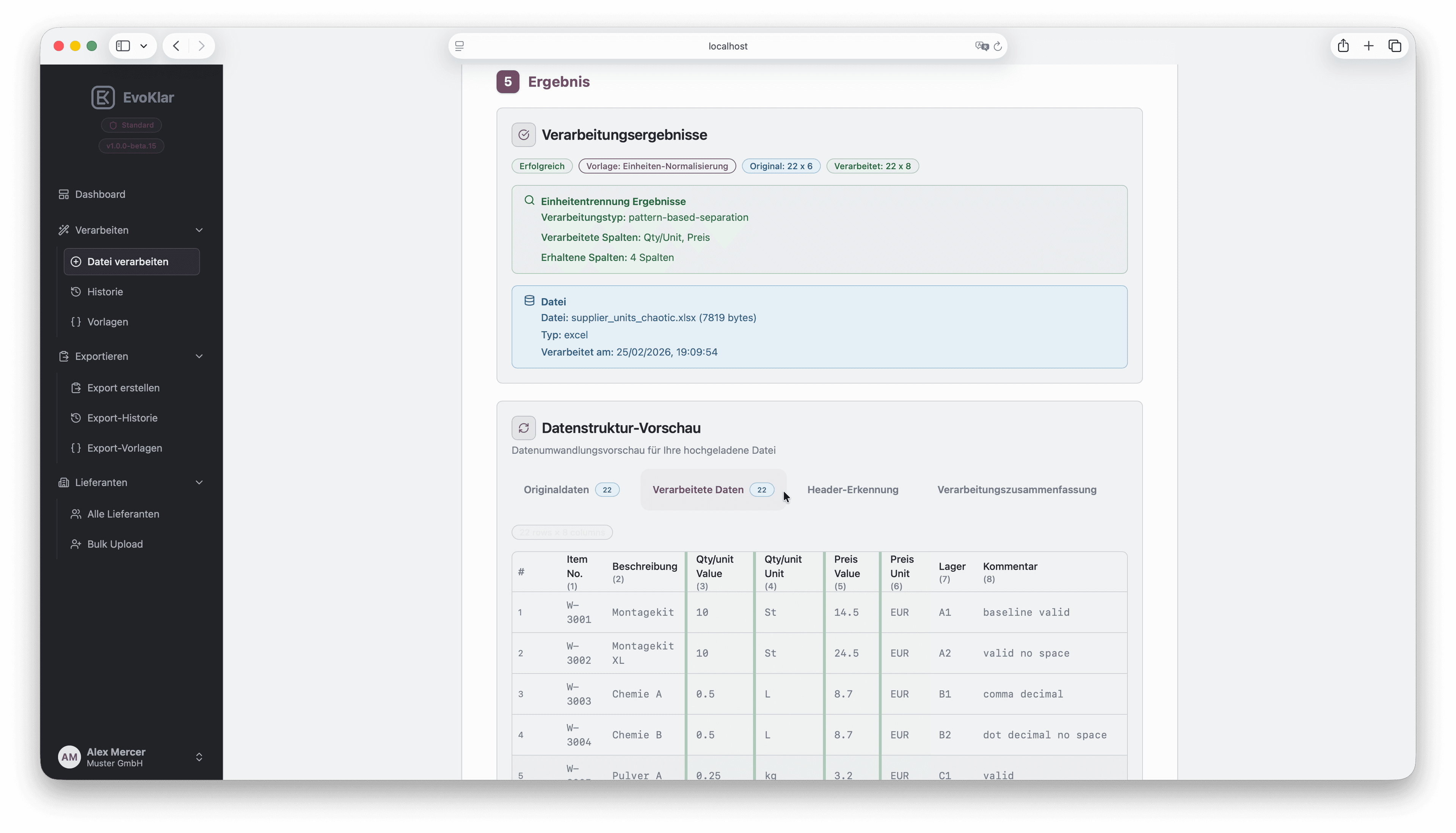 Processing wizard results in EvoKlar with transformed data preview.